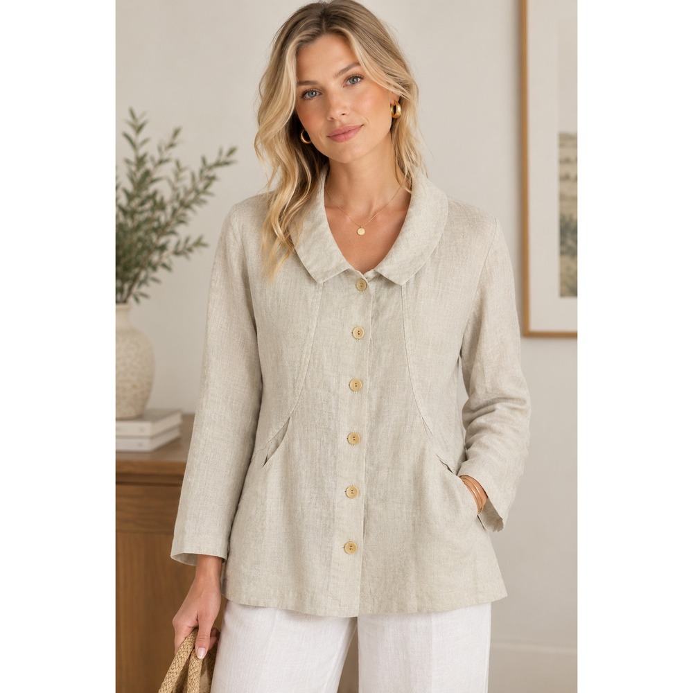 NEW Flax linen button up collared shirt top Size P XS tan boho lagenlook